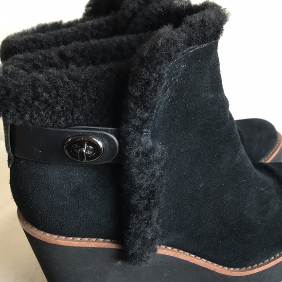 Coach size 8B Wedge Bootie Kingston black suede fun fur wedge heel bootie turn k - Picture 2 of 13